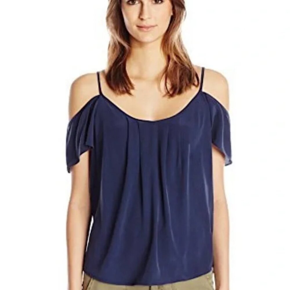 JOIE Adorlee Dark Navy Silk Cold Shoulder Blouse Size Small